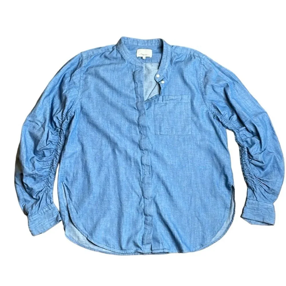 3.1 Phillip Lim Ruched Long Sleeve Denim Chambray Button Down Shirt Size 8